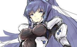 Rule 34 | blue eyes, blue hair, bodysuit, cat with a brush, impossible bodysuit, impossible clothes, long hair, looking at viewer, looking down, mitsurugi meiya, muv-luv, muv-luv alternative, ponytail, sketch, solo, white background