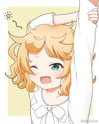 Rule 34 | 1girl, arm behind head, arms up, blonde hair, bow, brown background, collarbone, commentary request, gochuumon wa usagi desu ka?, green eyes, kirima syaro, long sleeves, mitya, one eye closed, open mouth, shirt, solo, stretching, tears, twitter username, two-tone background, upper body, wavy mouth, white background, white bow, white shirt, yawning