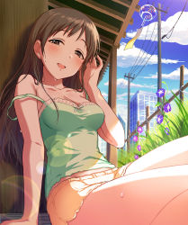 Rule 34 | 10s, 1girl, arm support, bad id, bad pixiv id, blush, breasts, brown eyes, brown hair, camisole, cloud, day, flower, idolmaster, idolmaster cinderella girls, lens flare, long hair, nitta minami, open mouth, porch, rainbow, shorts, sitting, sky, smile, solo, strap slip, sweat, tsukada nari, wind chime