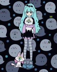 Rule 34 | 1girl, aqua hair, bat hair ornament, blue eyes, blue flower, blue footwear, bright pupils, cat, cyclops, extra eyes, flower, garouma, ghost, hair ornament, highres, layered sleeves, long hair, long sleeves, looking at viewer, one-eyed, original, patterned background, ponytail, shoes, short over long sleeves, short sleeves, sleeves past fingers, sleeves past wrists, solo, star (symbol), very long hair, white pupils