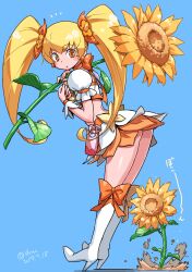 Rule 34 | 1girl, absurdres, ass, ass peek, blonde hair, blue background, boots, choker, commentary request, cure sunshine, dated, earrings, flower, flower earrings, hair flower, hair ornament, heartcatch precure!, high heel boots, high heels, highres, isedaichi ken, jewelry, leaning forward, long hair, looking back, magical girl, midriff, myoudouin itsuki, precure, puffy sleeves, ribbon, ribbon choker, simple background, solo, sunflower, turning head, twintails, very long hair, yellow eyes