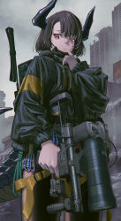 Rule 34 | 1girl, black hair, camera, commentary, highres, hironii (hirofactory), holding, horns, jacket, mask, mask pull, mouth mask, original, outdoors, red eyes, ruins, short hair, solo, stock (firearm), surgical mask, tail, telescoping stock, vertical forward grip