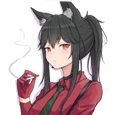 1girl absurdres animal_ear_fluff animal_ears arknights black_hair black_necktie brown_eyes cigarette commentary_request gloves hair_between_eyes hand_up highres holding holding_cigarette long_hair long_sleeves mango_(mgo) necktie official_alternate_costume ponytail red_gloves red_shirt shirt sidelocks simple_background smoke solo texas_(arknights) texas_(willpower)_(arknights) upper_body white_background wing_collar wolf_ears