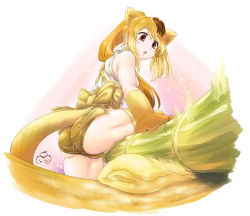 Rule 34 | 1girl, alternate costume, animal ears, apron, ass, back bow, baking, bare shoulders, blonde hair, bow, brown eyes, brown hair, dough, extra ears, fisheye, food, foreshortening, gloves, golden snub-nosed monkey (kemono friends), high ponytail, highres, kemono friends, long hair, looking at object, mikan toshi, monkey ears, monkey tail, multicolored hair, no pants, open mouth, orange hair, panties, parted bangs, shirt, sidelocks, sleeveless, sleeveless shirt, solo, tail, thighhighs, thighs, underwear