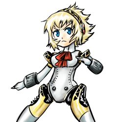 Rule 34 | 1girl, :&lt;, aegis (persona), android, ascot, blonde hair, blue eyes, captainanaugi, chibi, joints, persona, persona 3, robot joints, short hair, solo