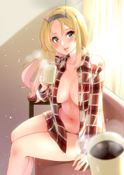Rule 34 | 1girl, absurdres, alternate costume, black panties, blonde hair, blouse, blue eyes, blush, breasts, cleavage, coffee, coffee mug, collarbone, commentary request, cup, curtains, green eyes, hair between eyes, headband, headgear, highres, holding, indoors, kantai collection, large breasts, long hair, long sleeves, looking at viewer, mug, nail polish, naked shirt, navel, nelson (kancolle), no bra, open clothes, open mouth, open shirt, panties, plaid, plaid shirt, sarfata, shirt, sitting, smile, solo, steam, underwear