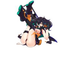Rule 34 | 1girl, ass, black footwear, black hair, black socks, boots, breasts, buckle, cleavage, clothing cutout, damaged, famae saf, full body, girls&#039; frontline, gloves, green hair, gun, hair between eyes, headgear, kneehighs, legs, long hair, looking at viewer, machine gun, multicolored hair, official art, open mouth, orange socks, ranyu, revealing clothes, saf (girls&#039; frontline), scope, sitting, sleeveless, snap-fit buckle, socks, solo, streaked hair, submachine gun, thigh strap, thighhighs, torn clothes, transparent background, twintails, two-tone, two-tone hair, underboob, underboob cutout, weapon, yellow eyes