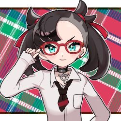 Rule 34 | 1girl, asymmetrical bangs, black choker, black hair, black necktie, blush, breast pocket, choker, closed mouth, collarbone, collared shirt, commentary request, creatures (company), earrings, eyelashes, fu (tk1189227dhy), game freak, glasses, green eyes, hair ribbon, hand up, jewelry, letterboxed, long sleeves, looking at viewer, marnie (pokemon), necktie, nintendo, outline, pocket, pokemon, pokemon swsh, red-framed eyewear, red ribbon, ribbon, shirt, short necktie, sleeves past wrists, smile, solo, twintails, upper body, white shirt