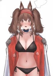 Rule 34 | 1girl, angelina (arknights), animal ear fluff, animal ears, arknights, bikini, black bikini, black gloves, blue eyes, brown eyes, brown hair, closed mouth, collar, collarbone, cowboy shot, embarrassed, fourtwelve, fox ears, gloves, hairband, highres, infection monitor (arknights), jacket, looking at viewer, navel, open clothes, open jacket, open mouth, red hairband, red jacket, side-tie bikini bottom, sidelocks, signature, simple background, solo, stomach, swimsuit, twintails, undressing, white background, wide-eyed