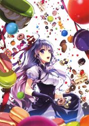 Rule 34 | 1girl, :d, absurdres, black gloves, blurry, bow, cake, cake slice, candy, checkerboard cookie, cheese, chewing gum, cookie, cream, depth of field, doughnut, dress, earrings, elbow gloves, food, fruit, gloves, gumball, hat, highres, jewelry, kuroya shinobu, light purple hair, lollipop, long hair, looking at viewer, macaron, mini hat, mini top hat, necktie, open mouth, purple dress, purple eyes, purple hair, smile, solo, strawberry, strawberry shortcake, sweets, swirl lollipop, top hat, very long hair, whipped cream, white background