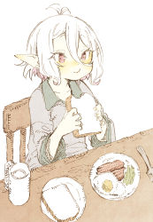 Rule 34 | 1girl, :t, abara heiki, antenna hair, blush, bread, chair, closed mouth, collarbone, collared shirt, cup, eating, egg (food), food, fork, fried egg, grey shirt, hair between eyes, holding, holding food, kokkoro (princess connect!), long sleeves, mug, multicolored hair, on chair, plate, pointy ears, princess connect!, purple hair, red eyes, shirt, sitting, solo, two-tone hair