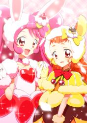 Rule 34 | 10s, 2girls, a la mode style (precure), animal ears, arisugawa himari, bow, cake, cake hair ornament, capelet, choker, cure custard, cure custard (a la mode style), cure whip, cure whip (a la mode style), dress, fake animal ears, food, food-themed hair ornament, fruit, gloves, hair bow, hair ornament, hat, heart, holding hands, interlocked fingers, kirakira precure a la mode, long hair, looking at viewer, magical girl, multiple girls, pink background, pink bow, pink hair, pom pom (clothes), precure, rabbit ears, red bow, red eyes, shawl, smile, sparkle, squirrel ears, strawberry, strawberry shortcake, twintails, upper body, usami ichika, white gloves, white hat, yellow bow, yellow capelet, yellow gloves, yellow hat, yuto (dialique)