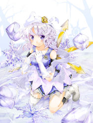 Rule 34 | 1girl, bakenekomata, bare shoulders, blush, boots, female focus, gloves, hat, highres, ice, lace, lace-trimmed legwear, lace trim, letty whiterock, light purple hair, purple eyes, short hair, single thighhigh, smile, snowflakes, solo, thighhighs, touhou, white gloves