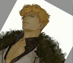 Rule 34 | 1boy, black shirt, blonde hair, blue eyes, closed mouth, collarbone, collared shirt, curly hair, ear piercing, fur collar, giorno giovanna, grey jacket, highres, jacket, jojo no kimyou na bouken, looking away, male focus, on0n, pectorals, piercing, shirt, short hair, solo, upper body, vento aureo, white background