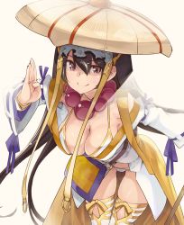 Rule 34 | 1girl, bikini, black hair, breasts, brown eyes, cleavage, fate/grand order, fate (series), hat, highres, jewelry, long hair, looking at viewer, necklace, smile, solo, swimsuit, thighhighs, thomasz, xuangzang sanzang (fate)