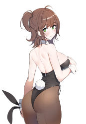 Rule 34 | 1girl, absurdres, animal ears, ass, back, bare shoulders, black leotard, blush, breasts, brown hair, brown pantyhose, detached collar, dickbomber, fake animal ears, green eyes, hairband, highleg, highleg leotard, highres, large breasts, last origin, leotard, looking at viewer, looking back, pantyhose, playboy bunny, rabbit ears, rabbit tail, short hair, side ponytail, simple background, solo, strapless, strapless leotard, tail, thighs, tomo (last origin), unworn hairband, wrist cuffs