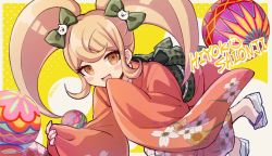 Rule 34 | 1girl, :d, animal print, blonde hair, blush stickers, border, bow, brown eyes, brown hair, cat hair ornament, cat print, character name, commentary request, danganronpa (series), danganronpa 2: goodbye despair, floral print, furisode, green bow, hair bow, hair ornament, haizai, japanese clothes, kimono, long hair, long sleeves, looking at viewer, lower teeth only, obi, open mouth, saionji hiyoko, sash, sleeves past wrists, smile, solo, teeth, twintails, twitter username, white border, wide sleeves, yellow eyes
