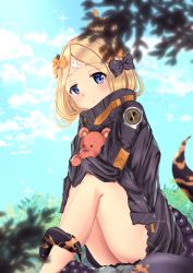 Rule 34 | 1girl, abigail williams (fate), abigail williams (traveling outfit) (fate), babycado, bad id, bad pixiv id, bare legs, black bow, black jacket, blonde hair, blue eyes, blue sky, blurry, blurry foreground, blush, bow, closed mouth, cloud, cloudy sky, commentary, crossed bandaids, day, depth of field, fate/grand order, fate (series), hair bow, hair bun, head tilt, highres, jacket, long hair, long sleeves, looking at viewer, hugging object, official alternate costume, orange bow, outdoors, parted bangs, polka dot, polka dot bow, single hair bun, sky, sleeves past fingers, sleeves past wrists, solo, sparkle, stuffed animal, stuffed toy, suction cups, teddy bear, tentacles