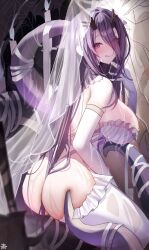Rule 34 | 1girl, ass, azur lane, bare shoulders, between buttocks, blush, breasts, closed mouth, duplicate, elbow gloves, gloves, golden hind (azur lane), golden hind (forlorn femme fatale) (azur lane), highres, large breasts, licking lips, long hair, looking at viewer, looking back, non-web source, purple hair, red eyes, source request, tansuan (ensj3875), tongue, tongue out, wet, wet clothes