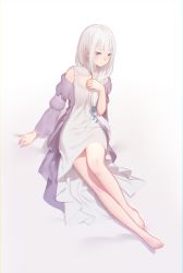 Rule 34 | 10s, 1girl, bare legs, bare shoulders, barefoot, blush, collar, elf, emilia (re:zero), eyebrows, flower, frills, full body, gradient background, grey background, hair flower, hair ornament, hand on own chest, highres, jewelry, leaning back, long hair, long legs, looking at viewer, nightgown, pointy ears, purple eyes, re:zero kara hajimeru isekai seikatsu, silver hair, sitting, smile, solo, very long hair, xini m