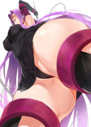 Rule 34 | 1girl, armpits, bad id, bad pixiv id, black gloves, boots, breasts, cameltoe, chain, cleft of venus, colored skin, commentary request, dutch angle, facial mark, fate/stay night, fate (series), forehead mark, gloves, highres, ikuchan kaoru, large breasts, long hair, looking at viewer, medusa (fate), medusa (rider) (fate), multicolored skin, navel, parted bangs, purple eyes, purple hair, sleeveless, solo, thigh boots, thighhighs, very long hair