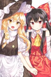Rule 34 | 2girls, :d, apron, ascot, bad id, bad pixiv id, bare shoulders, black hair, blonde hair, blush, bow, cheunes, commentary, detached sleeves, embarrassed, hair bow, hair tubes, hakurei reimu, holding hands, hat, hat bow, highres, kirisame marisa, large bow, long hair, looking at viewer, multiple girls, open mouth, puffy short sleeves, puffy sleeves, red eyes, short sleeves, smile, sweat, tareme, touhou, turtleneck, very long hair, waist apron, witch hat, yuri