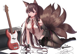 Rule 34 | $hu, 1girl, absurdres, akagi (azur lane), akagi (muse) (azur lane), alternate costume, animal ears, azur lane, blush, breasts, brown hair, candy, electric guitar, food, fox ears, fox tail, guitar, highres, instrument, large breasts, long hair, looking at viewer, microphone, multiple tails, necktie, pantyhose, pleated skirt, red eyes, shirt, simple background, sitting, skirt, sleeveless, sleeveless shirt, smile, solo, tail, white background