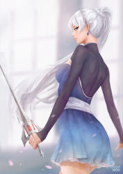 Rule 34 | artist name, ass, back, blue eyes, breasts, cheesewoo, dress, earrings, floating hair, from side, highres, holding, holding sword, holding weapon, jewelry, lips, long hair, long sleeves, looking to the side, myrtenaster, petals, ponytail, rapier, rwby, scar, scar across eye, scar on face, short dress, small breasts, solo, sword, thighs, very long hair, weapon, weiss schnee, white hair, window