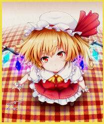 Rule 34 | 1girl, ascot, baileys (tranquillity650), blonde hair, border, brown footwear, closed mouth, collared shirt, fisheye, flandre scarlet, foreshortening, frilled shirt collar, frilled skirt, frilled sleeves, frills, from above, glowing, glowing wings, hat, hat ribbon, head tilt, highres, looking at viewer, medium hair, mob cap, multicolored wings, one side up, puffy short sleeves, puffy sleeves, red eyes, red ribbon, red skirt, red vest, ribbon, shirt, short sleeves, skirt, skirt set, solo, standing, touhou, vest, white hat, white shirt, wings, wrist cuffs, yellow ascot, yellow border