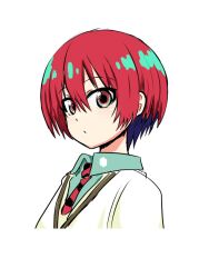 1girl amate_yuzuriha cardigan fusion green_shirt gundam gundam_gquuuuuux highres looking_at_viewer necktie red_eyes red_hair red_necktie shirt short_hair simple_background striped_necktie sweater take_(shokumu-taiman) uzaki-chan_wa_asobitai! uzaki_hana white_background white_cardigan