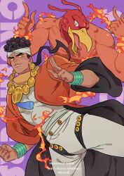 Rule 34 | 1boy, absurdres, bracelet, brown hair, character name, clenched hand, cloak, commentary, copyright name, dark-skinned male, dark skin, earrings, fire, headband, highres, honlo, jewelry, jojo no kimyou na bouken, looking at viewer, magician&#039;s red, male focus, mohammed avdol, necklace, smile, stand (jojo), stardust crusaders