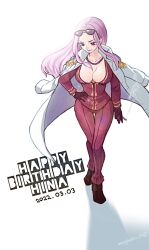 Rule 34 | 1girl, awaji masaru, breasts, cleavage, coat, coat on shoulders, commentary request, dated, epaulettes, eyewear on head, formal, full body, gloves, hand on own hip, happy birthday, highres, hina (one piece), jewelry, long hair, necklace, one piece, pearl necklace, pink hair, shadow, sidelocks, smile, solo, suit, sunglasses, white coat