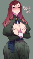Rule 34 | 1girl, agawa ryou, blush, breasts, curvy, dress, grabbing own breast, grey background, large breasts, long hair, long sleeves, looking at viewer, original, red eyes, red hair, simple background, solo, wide hips