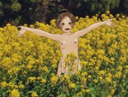 Rule 34 | 1girl, :d, ahoge, blurry, blurry foreground, blush, breasts, brown eyes, brown hair, female focus, field, flower, flower field, looking at viewer, nature, nipples, nude, open mouth, original, outdoors, outstretched arms, photo background, shimokori, small breasts, smile, solo, spread arms, zenra