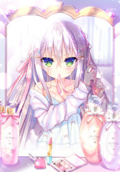 Rule 34 | 1girl, bad id, bad pixiv id, bare shoulders, blue dress, blush, braid, breasts, collarbone, commentary request, cosmetics, curtains, dress, green eyes, hair between eyes, hair ornament, hair ribbon, hairclip, hairdressing, heart, heart hair ornament, indoors, lipstick tube, long hair, long sleeves, looking at viewer, medium breasts, mirror, mouth hold, nae-nae, off shoulder, original, pink ribbon, reflection, ribbon, ribbon in mouth, silver hair, solo, table, vanity table, very long hair