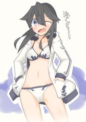 Rule 34 | 1girl, bikini, black hair, blue eyes, breasts, cleavage, collarbone, cowboy shot, hands in pockets, hood, hoodie, ibis1, long hair, looking at viewer, one eye closed, open mouth, original, short hair with long locks, solo, swimsuit, translation request, white background