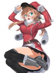 Rule 34 | 10s, 1girl, anchor hair ornament, ass, belt, boots, brown hair, christmas, green eyes, hair ornament, hat, holding, holding hat, kantai collection, kyougoku touya, long hair, low twintails, panties, pleated skirt, prinz eugen (kancolle), scarf, skirt, solo, thighhighs, transparent background, twintails, underwear, white panties