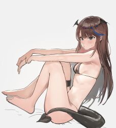 Rule 34 | 1girl, absurdres, airi kanna, barefoot, bikini, black bikini, blue eyes, blue hair, blush, brown hair, dragon tail, from side, frown, g9ls9e1byz9pz9g, head wings, highres, long hair, looking at viewer, micro bikini, mini wings, multicolored hair, simple background, sitting, solo, stellive, string bikini, sweatdrop, swimsuit, tail, thigh strap, unfinished, v-shaped eyebrows, virtual youtuber, white background, wings