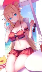 Rule 34 | 1girl, absurdres, akai haato, akai haato (hololive summer 2019), beach, bikini, black bikini, blonde hair, blue eyes, blush, breasts, chair, cleavage, closed mouth, commentary, cup, day, drinking straw, unworn eyewear, feet out of frame, gore (white gore), haaton (akai haato), hair ornament, heart, highres, holding, holding cup, holding removed eyewear, hololive, large breasts, long hair, looking at viewer, micro bikini, navel, official alternate costume, one side up, outdoors, parasol, pig, red bikini, red ribbon, ribbon, sitting, smile, solo, sunglasses, sunglasses removed, swimsuit, table, thighs, umbrella, virtual youtuber