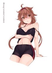 Rule 34 | 1girl, black camisole, black footwear, breasts, brown eyes, brown hair, camisole, camisole lift, clothes lift, cowboy shot, cropped legs, hairband, highres, kantai collection, long hair, looking at viewer, medium breasts, nagisamatsumae, navel, negative space, one-hour drawing challenge, red hairband, shiratsuyu (kancolle), shiratsuyu kai ni (kancolle), solo