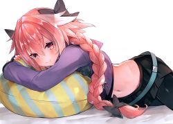 Rule 34 | 1boy, absurdres, astolfo (fate), astolfo (memories at trifas) (fate), black bow, black legwear, black skirt, blush, bow, braid, fang, fate/apocrypha, fate (series), hair bow, hair intakes, hair ribbon, highres, huge filesize, jacket, long hair, long sleeves, looking at viewer, lying, male focus, midriff, multicolored hair, navel, official alternate costume, on stomach, outdoors, pink hair, purple eyes, purple jacket, purple shirt, ribbon, shirt, single braid, skirt, smile, solo, streaked hair, suzuho hotaru, trap