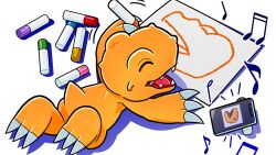 Rule 34 | agumon, artist request, cellphone, closed eyes, digimon, digimon (creature), drawing, happy, holding, holding marker, left-handed, lying, marker, musical note, no humans, official art, on stomach, paper, phone, smartphone