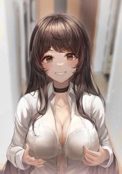 Rule 34 | 1girl, absurdres, black choker, blurry, blurry background, blush, bra, breast lift, breasts, brown eyes, brown hair, choker, cleavage, collarbone, collared shirt, commentary request, depth of field, dress shirt, grin, highres, indoors, large breasts, light particles, long hair, long sleeves, looking at viewer, mirage (rairudiseu), open clothes, open shirt, original, parted lips, second-party source, see-through, see-through shirt, shirt, sidelocks, smile, solo, swept bangs, underwear, upper body, very long hair, white bra, white shirt