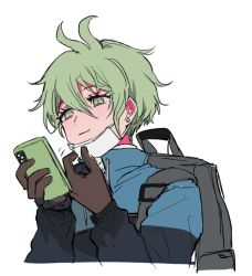Rule 34 | 1boy, adjusting mask, alternate costume, amami rantaro, antenna hair, backpack, bag, black jacket, blue jacket, brown gloves, cellphone, commentary request, cropped torso, danganronpa (series), danganronpa v3: killing harmony, ear piercing, earrings, gloves, green eyes, green hair, hair between eyes, hands up, holding, holding phone, jacket, jewelry, long sleeves, male focus, mask, mouth mask, multicolored clothes, multicolored jacket, nabu (d4ng4nn6bu12), phone, piercing, shirt, short hair, simple background, smartphone, smile, solo, striped clothes, striped shirt, two-tone jacket, white background