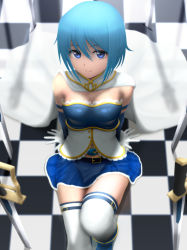 Rule 34 | 10s, 1girl, arm support, belt, blue eyes, blue hair, breasts, buckle, cape, cleavage, frills, gloves, highres, magical girl, mahou shoujo madoka magica, mahou shoujo madoka magica (anime), matching hair/eyes, miki sayaka, planted, planted sword, planted weapon, short hair, siraha, sitting, skirt, small breasts, solo, soul gem, sword, thighhighs, weapon