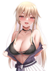 Rule 34 | 1girl, :d, bare shoulders, black bra, black choker, black shirt, blonde hair, blush, bra, breasts, choker, cleavage, furen e lustario, hair between eyes, highres, large breasts, long hair, looking at viewer, nijisanji, open clothes, open mouth, open shirt, paid reward available, red eyes, shirt, shirt tucked in, skirt, smile, solo, tatsumiya kagari, two-tone bow, underwear, undressing, very long hair, virtual youtuber, white background, white skirt