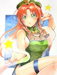 Rule 34 | 1girl, :o, adapted costume, bare shoulders, beret, breasts, cleavage, commentary request, fighting stance, green eyes, hat, hat ornament, highres, hong meiling, large breasts, long hair, marker (medium), open mouth, red hair, sideboob, solo, standing, standing on one leg, star (symbol), star hat ornament, thigh strap, touhou, traditional media, user pjcx5522, very long hair