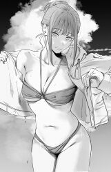 Rule 34 | 1girl, alternate hairstyle, bikini, breasts, chainsaw man, cleavage, cloud, greyscale, hair bun, highres, hood, hoodie, looking at viewer, makima (chainsaw man), medium breasts, midriff, monochrome, navel, ringed eyes, sidelocks, sky, smile, solo, stomach, swimsuit, undressing, water, yode
