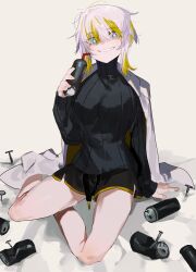 Rule 34 | 1girl, black shorts, black sweater, blonde hair, blue eyes, can, coat, drinking straw, faust (project moon), grin, hamelon310, highres, lab coat, limbus company, long sleeves, looking at viewer, multicolored hair, nail, project moon, ribbed sweater, short shorts, shorts, sitting, smile, solo, streaked hair, sweater, turtleneck, turtleneck sweater, white background, white coat, white hair, yokozuwari