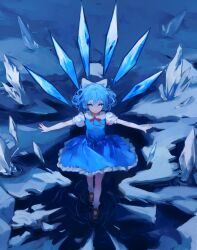 Rule 34 | 1girl, blue dress, blue eyes, blue hair, bow, brown footwear, cirno, commentary request, dress, full body, hair bow, highres, ice, ice wings, looking at viewer, outstretched arms, shoes, short hair, short sleeves, socks, solo, touhou, wangyq, white bow, white socks, wings
